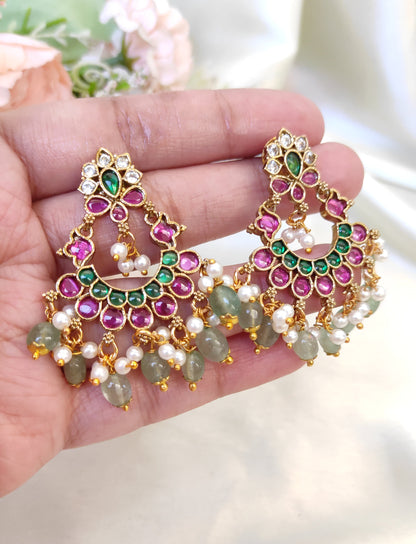 Ruby Green Kundan Chandbali Earrings with Pearls – Traditional Party Wear