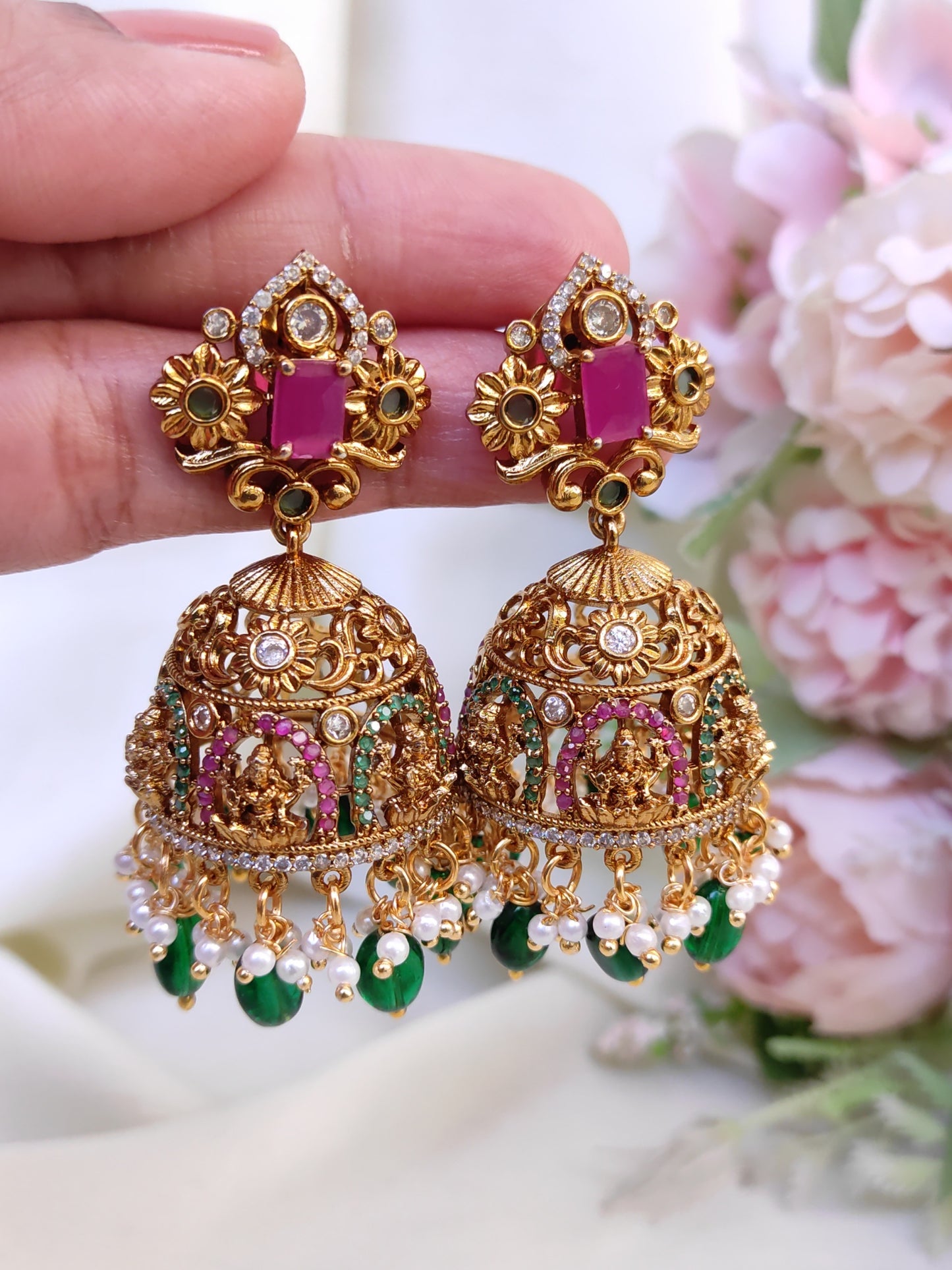 Temple Lakshmi Ruby Green Stone Jhumka Earrings with Pearl Drops