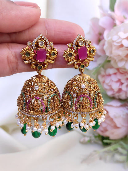 Temple Lakshmi Ruby Green Stone Jhumka Earrings with Pearl Drops