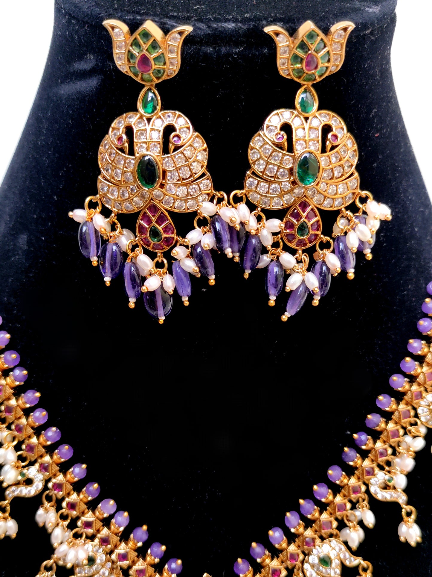 Purple Kemp Stone Peacock Necklace Set with Pearls | Bridal & Temple Jewellery