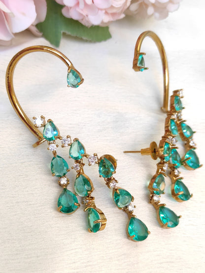 Hanging Emerald Green Drop Ear Cuff | Modern Statement Earrings