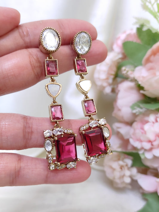 Ruby Pink Stone Long Earrings with White CZ – Designer Festive & Party Wear Earrings