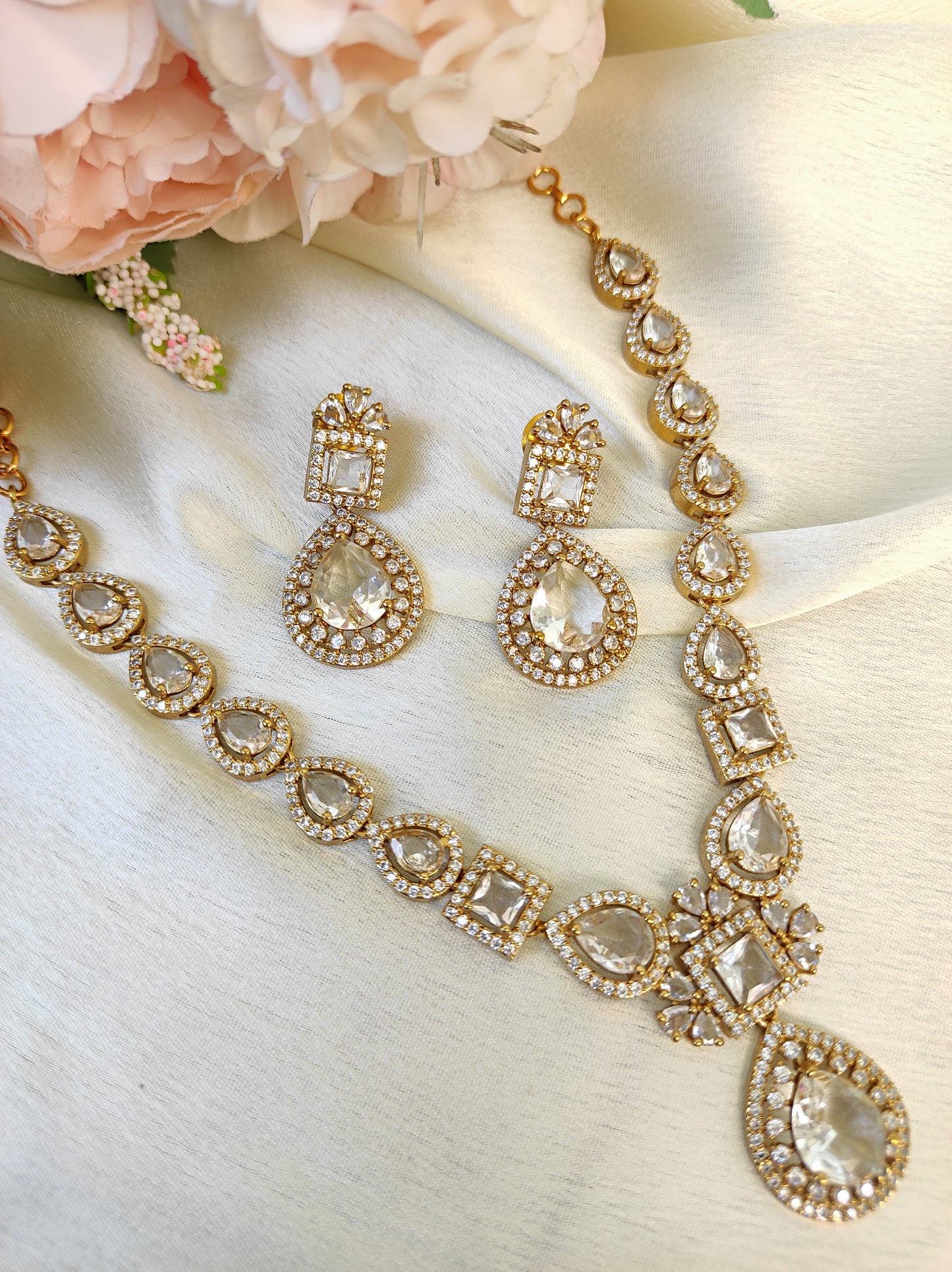 Gold Plated AD Stone Necklace Set with Earrings – Bridal & Party Wear Jewelry