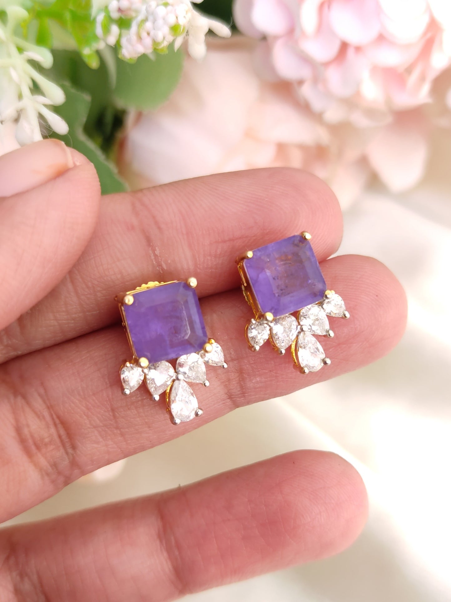 Purple Stud Earrings with Crystal Drops | Gold-Plated Daily Wear Studs