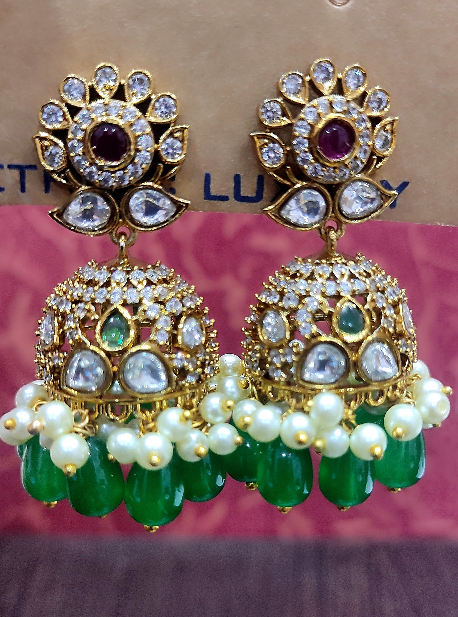 Emerald Green Stone Pearl Jhumka Earrings with Kundan Work