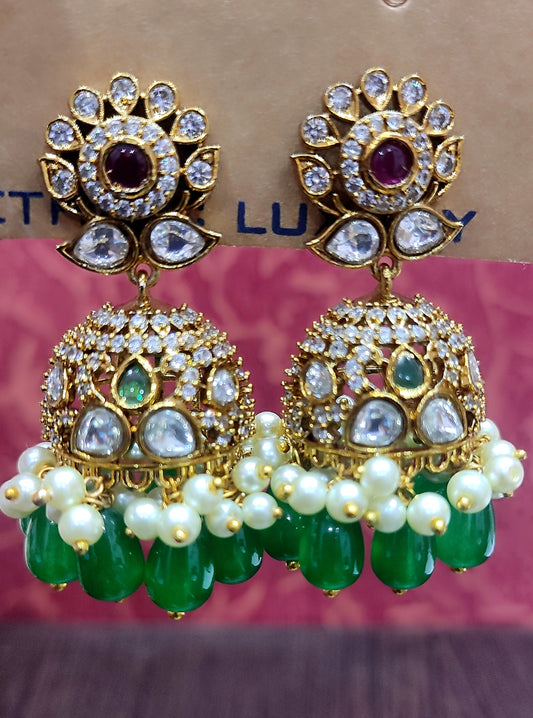 Emerald Green Stone & Pearl Jhumka Earrings with Kundan Work