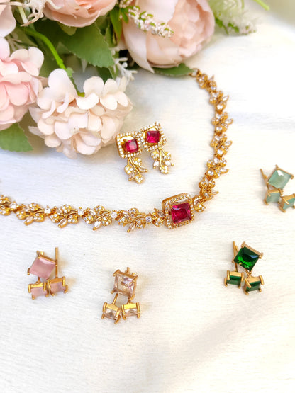 Colourful necklace with Interchangeable 5-Coloured cubic zirconia stones.( Red, Green, Mint, baby pink, white)