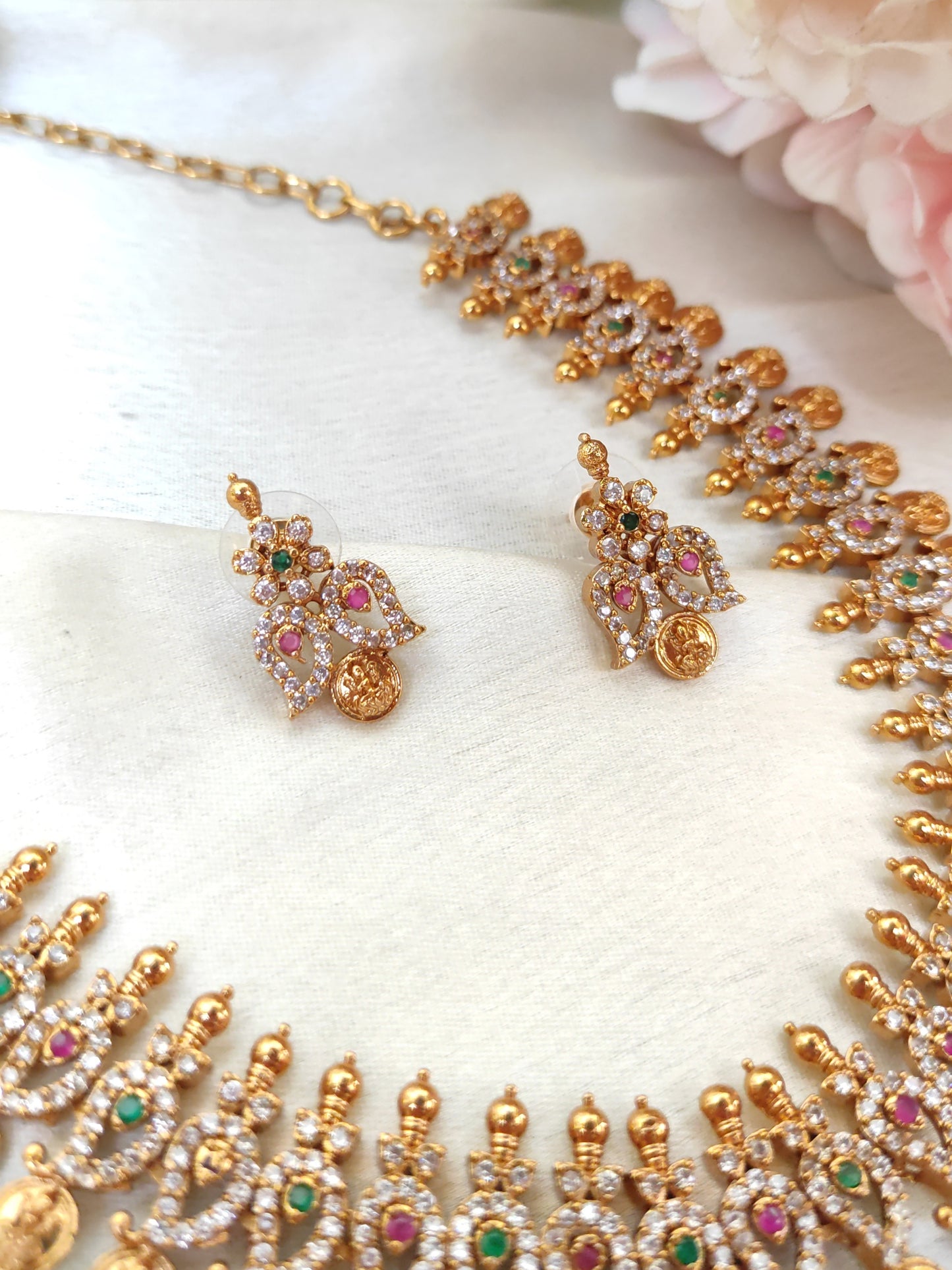 Lakshmi Coin Temple Necklace Set with CZ Stones – Traditional South Indian Bridal Jewellery
