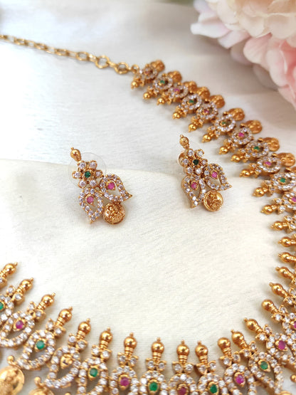 Lakshmi Coin Temple Necklace Set with CZ Stones – Traditional South Indian Bridal Jewellery