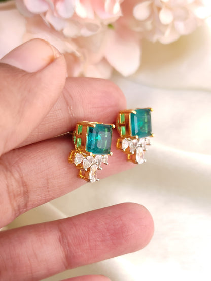 Green Stud Earrings with Crystal Drops | Gold-Plated Daily Wear Studs