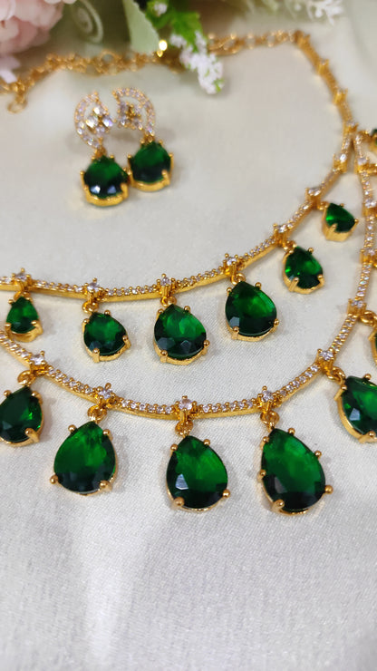 Green Stone Layered Necklace Set | Elegant Festive & Wedding Jewellery