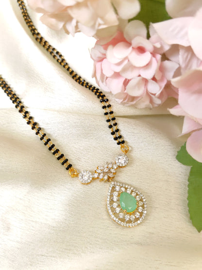 Designer Double Line Black Bead Mangalsutra with Mint green Pendant – Lightweight Traditional Mangalsutra Chain for Women