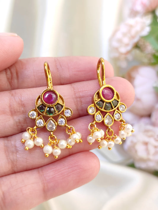 Traditional Kemp stone Bugadi Earrings with Pearl Drops | Gold Finish South Indian Ear Cuff