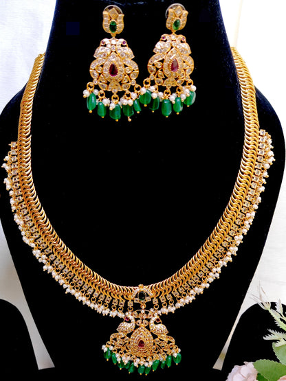 Jilebi Necklace Set with Kundan Work & Green Drops