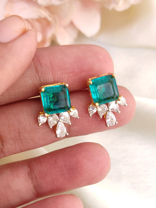 Green Stud Earrings with Crystal Drops | Gold-Plated Daily Wear Studs