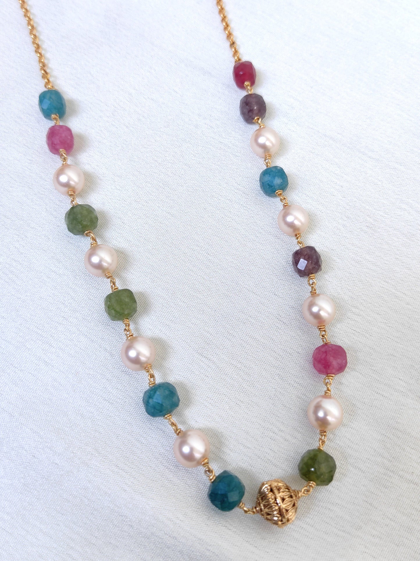 Handcrafted Multi Stone Beads & Pearl Chain Necklace for Women