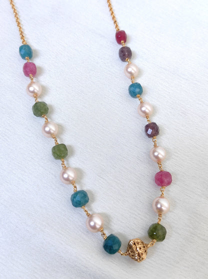 Handcrafted Multi Stone Beads & Pearl Chain Necklace for Women