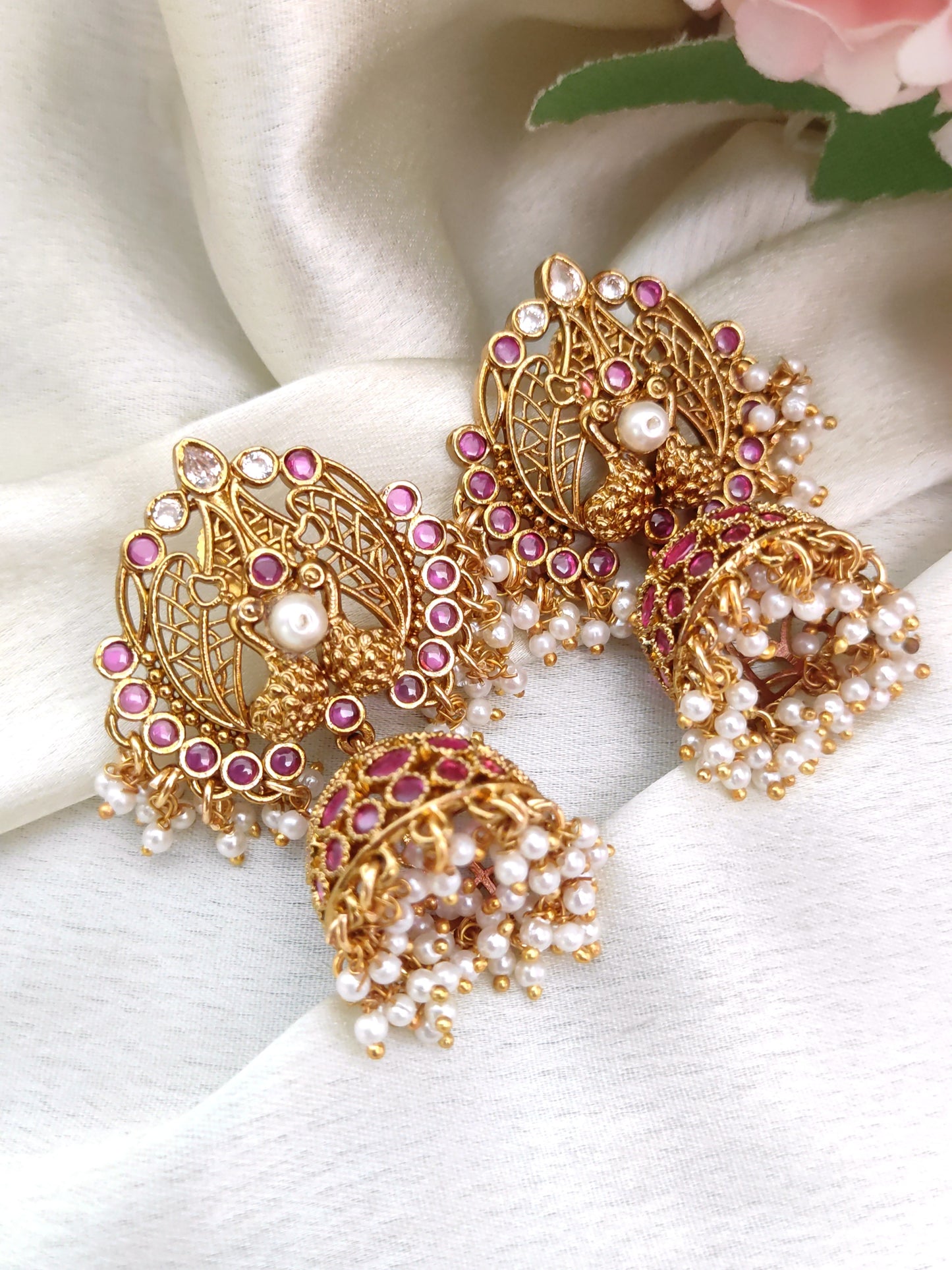 Traditional Peacock Ruby Stone Jhumka Earrings with Pearl Drops | South Indian Temple Jewellery