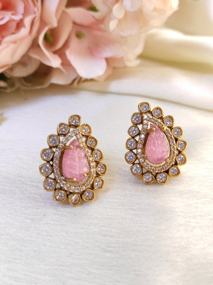 Blush Pink Leaf Carving Stud Earrings – Premium CZ Detailing