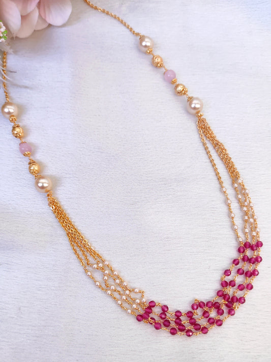 Ruby Beaded Multi-Strand Necklace for Women | Gold Chain Pearl Elegant Necklace