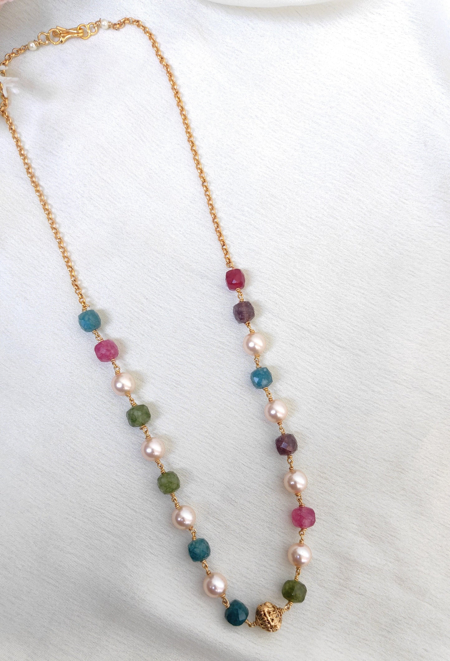Handcrafted Multi Stone Beads & Pearl Chain Necklace for Women