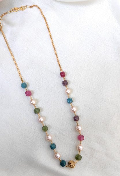 Handcrafted Multi Stone Beads & Pearl Chain Necklace for Women