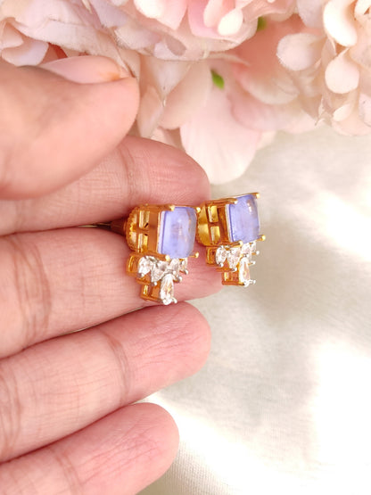 Lilac blue Stud Earrings with Crystal Drops | Gold-Plated Daily Wear Studs