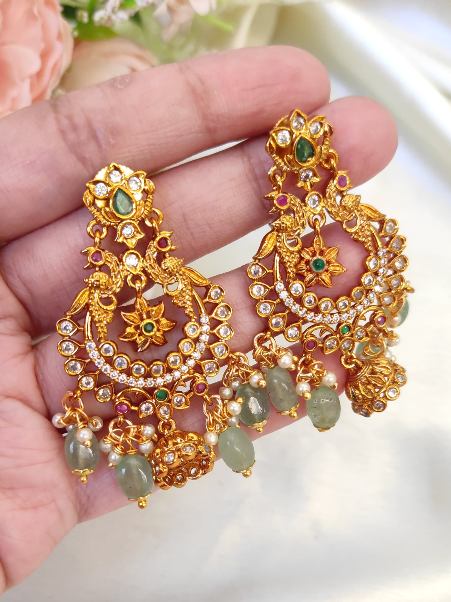 Traditional Antique Chandbali Earrings with Green Stones & Pearl Bead Hangings