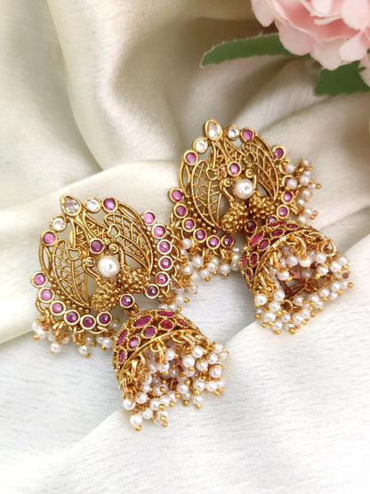 Traditional Peacock Ruby Stone Jhumka Earrings with Pearl Drops | South Indian Temple Jewellery