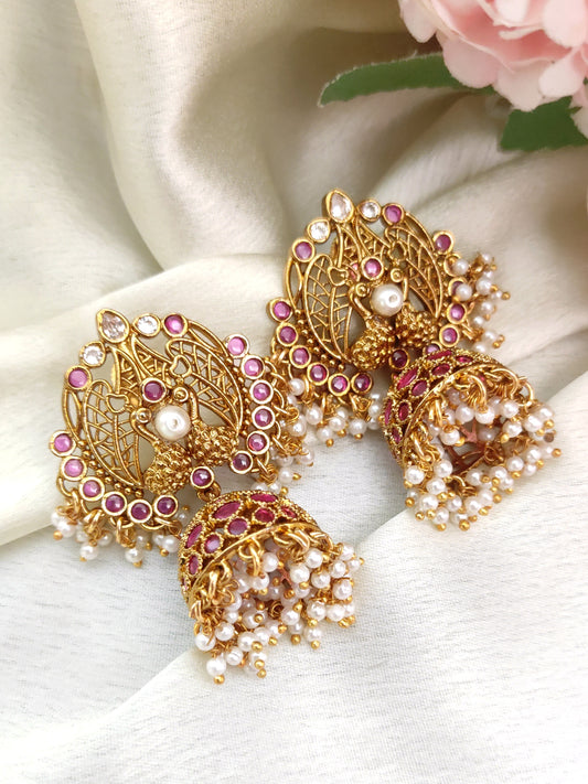 Traditional Peacock Ruby Stone Jhumka Earrings with Pearl Drops | South Indian Temple Jewellery
