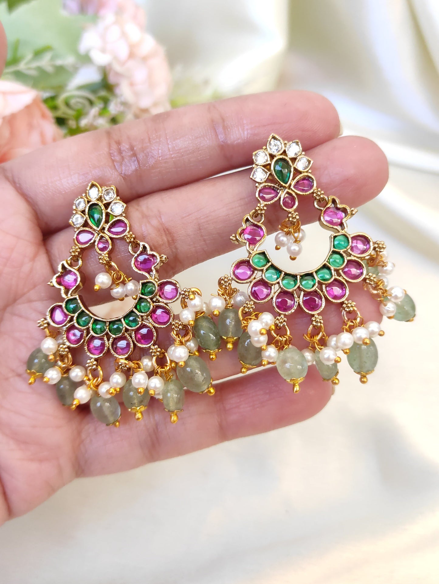 Ruby Green Kundan Chandbali Earrings with Pearls – Traditional Party Wear