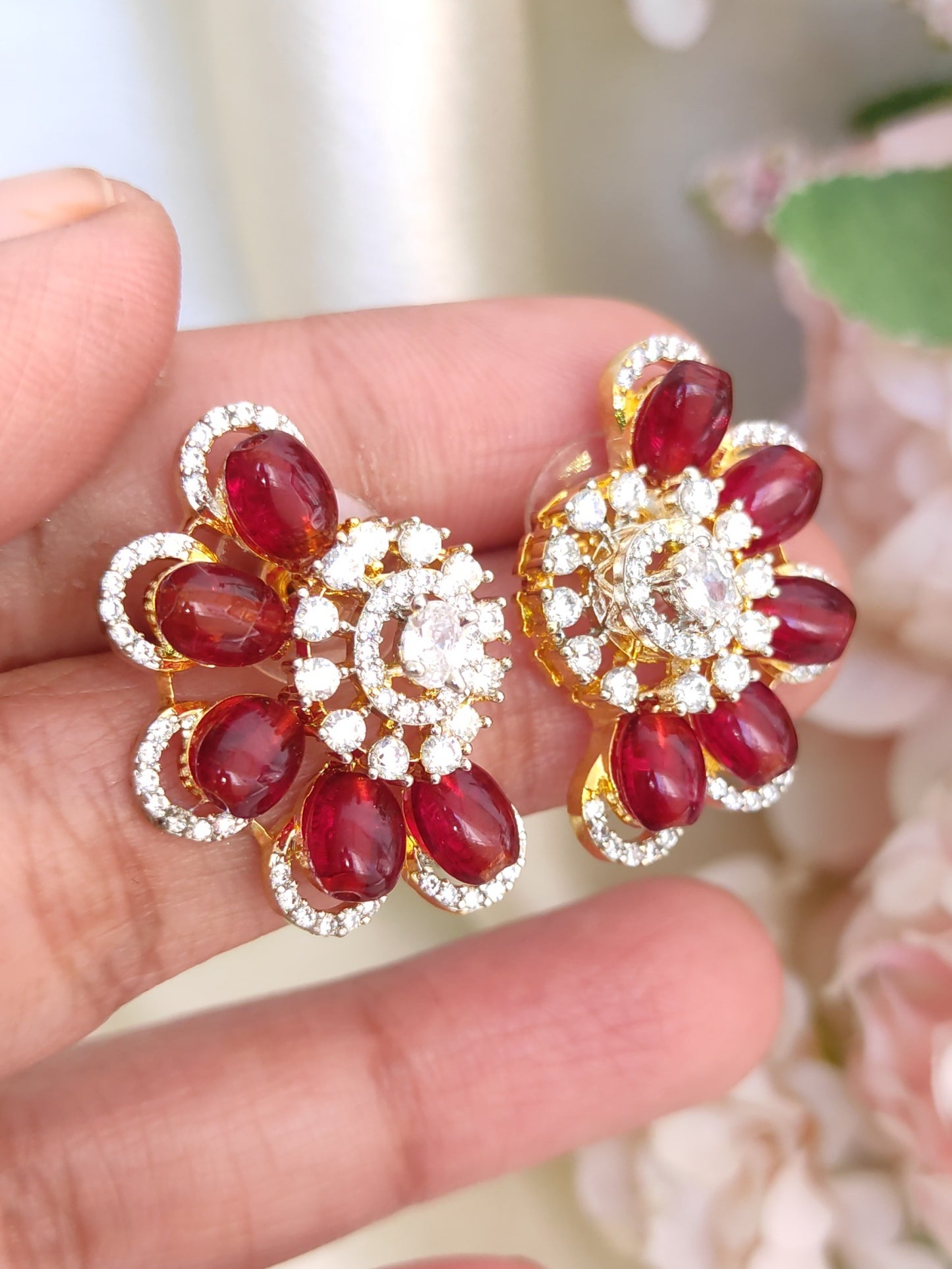 Ruby Bloom Crystal Stud Earrings | Premium One Gram Gold Finish | Festive & Party Wear