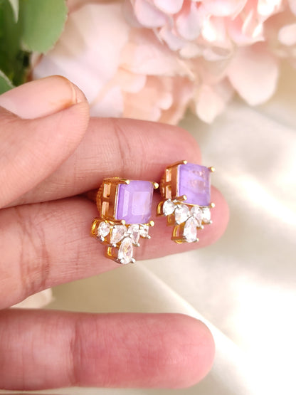Lavender Stud Earrings with Crystal Drops | Gold-Plated Daily Wear Studs
