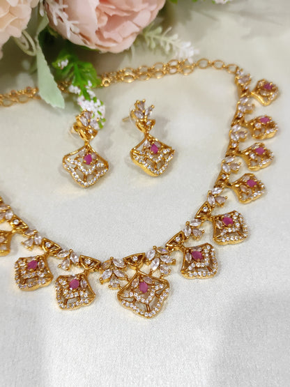 Designer Pink Stone Necklace & Earrings Set – Gold Finish