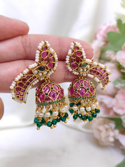 Peacock Design Ruby Pink & Emerald Green Stone Jhumka Earrings with Pearls
