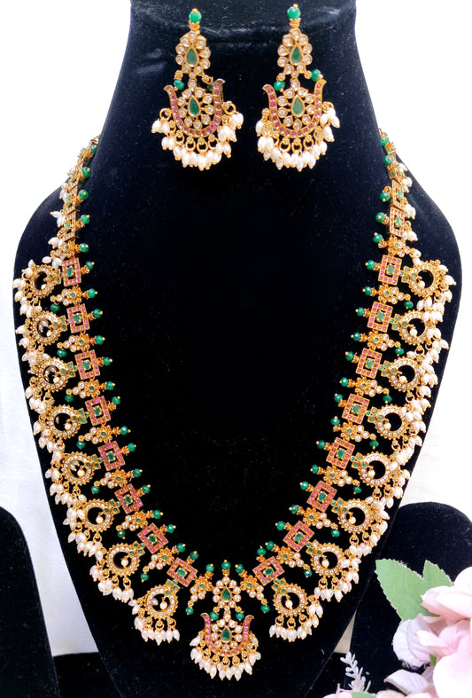 Long Premium Green Kemp Stone Temple Necklace Set with Pearls | South Indian Bridal Jewellery