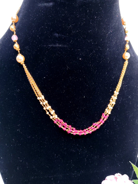 Ruby Beaded Multi-Strand Necklace for Women | Gold Chain Pearl Elegant Necklace