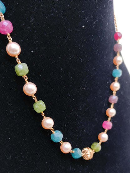 Handcrafted Multi Stone Beads & Pearl Chain Necklace for Women