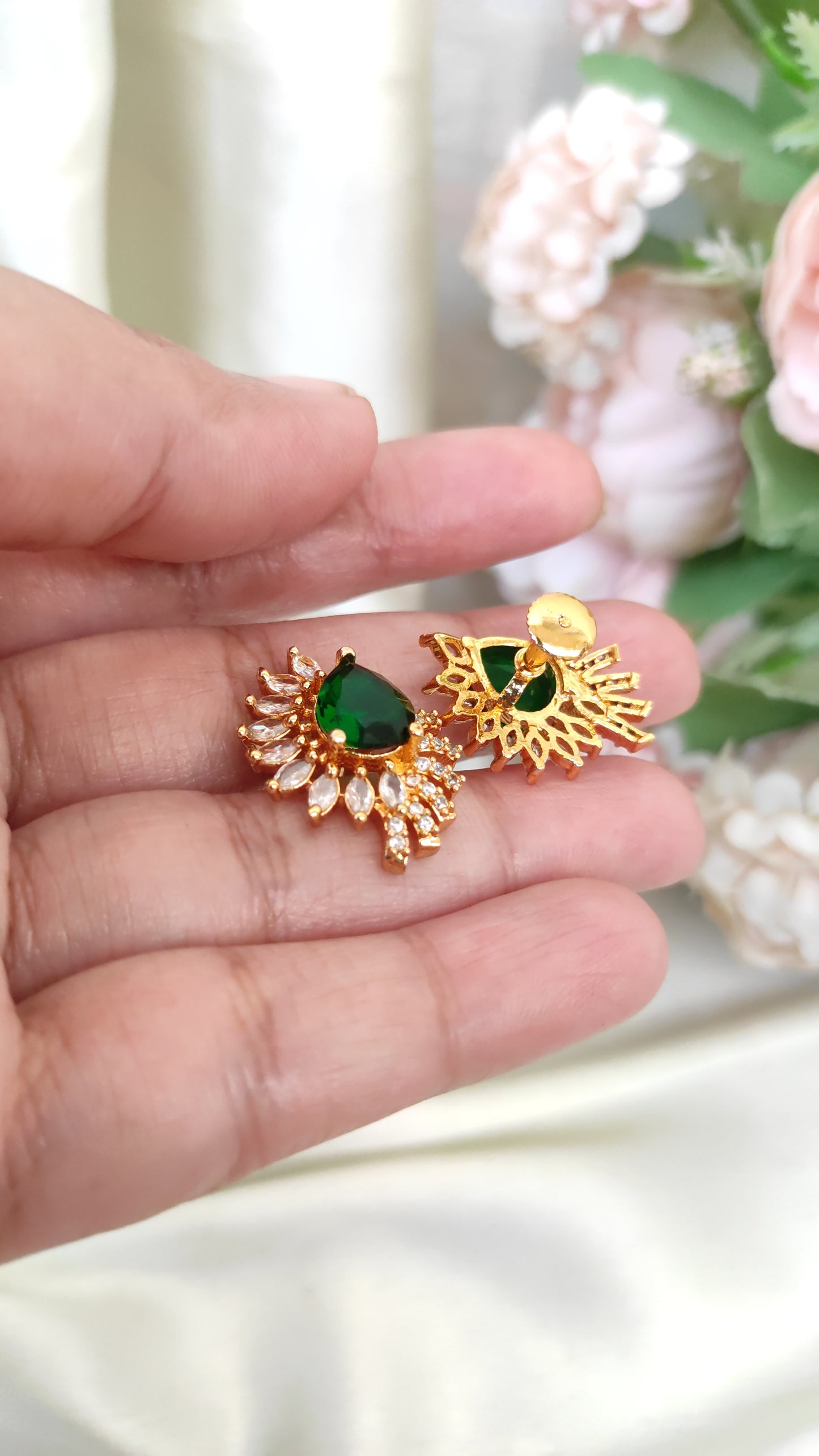 Green Crystal Pear Drop Stud Earrings | Elegant Party Wear Jewelry