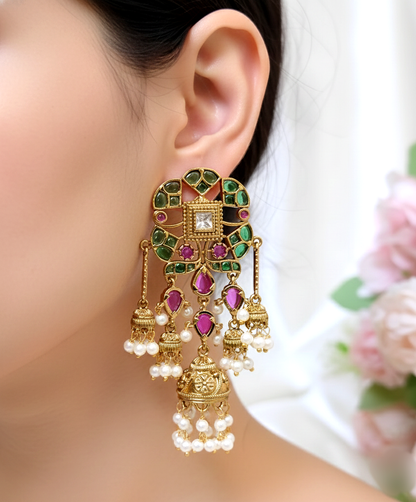 Antique Temple Jhumki Earrings with Ruby-Green Stones & Pearl Drops