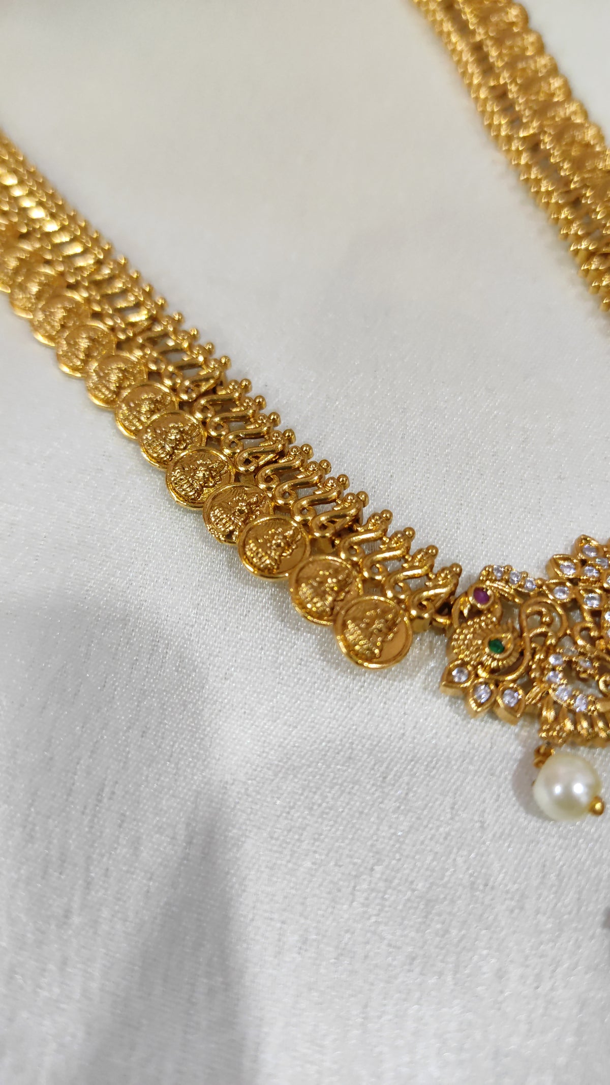 Traditional Lakshmi Coin Necklace with Kundan Pendant & Pearl Drops