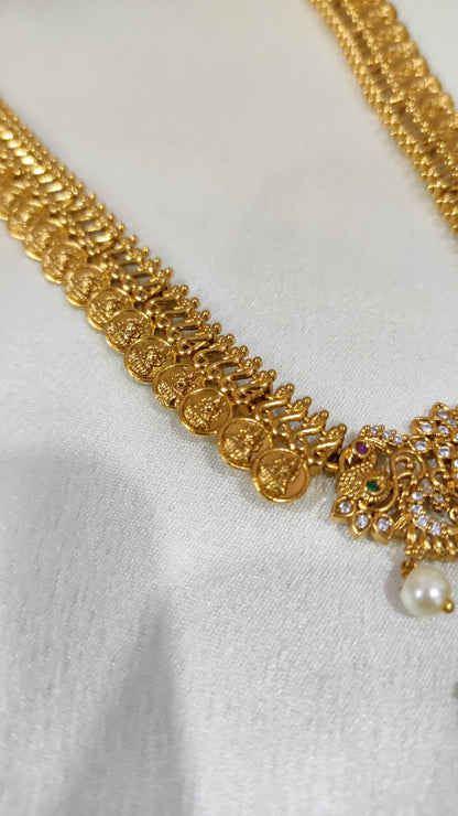 Traditional Lakshmi Coin Necklace with Kundan Pendant & Pearl Drops