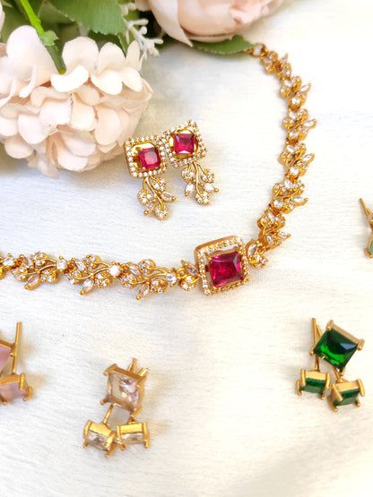 Colourful necklace with Interchangeable 5-Coloured cubic zirconia stones.( Red, Green, Mint, baby pink, white)