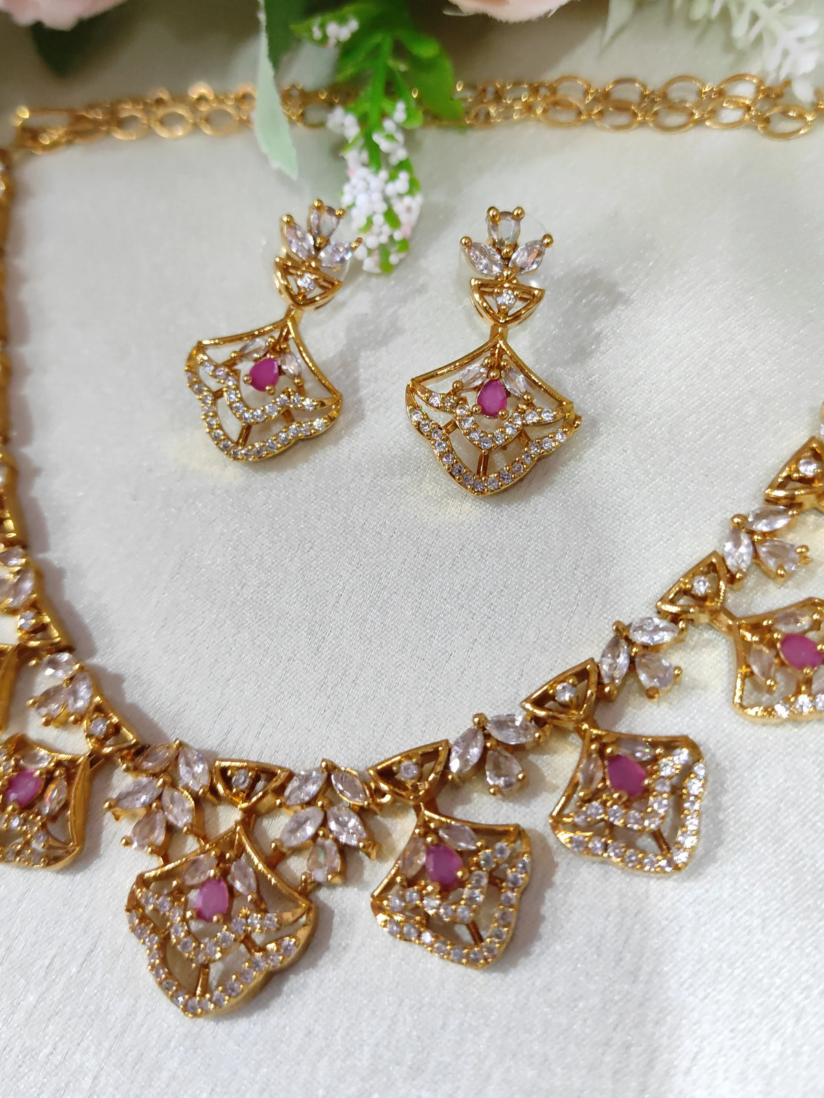 Designer Pink Stone Necklace & Earrings Set – Gold Finish