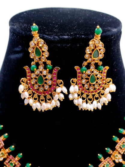 Premium Green Kemp Stone Temple Necklace Set with Pearls | South Indian Bridal Jewellery