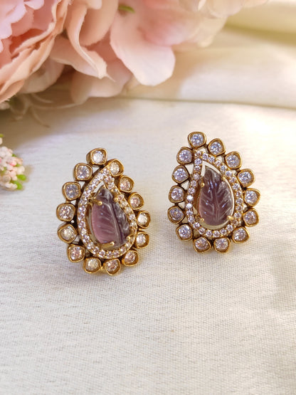 Purple Leaf Carving Stud Earrings – Premium CZ Detailing