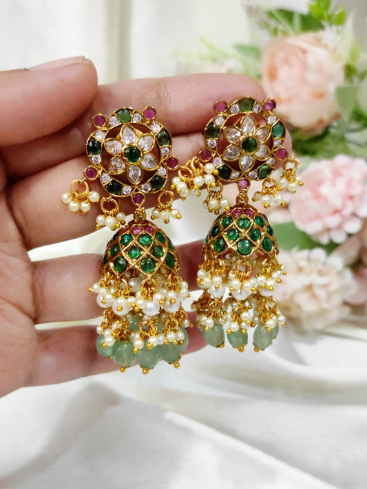 Classic Temple Style Jhumkas with Emerald Drops-Bridal