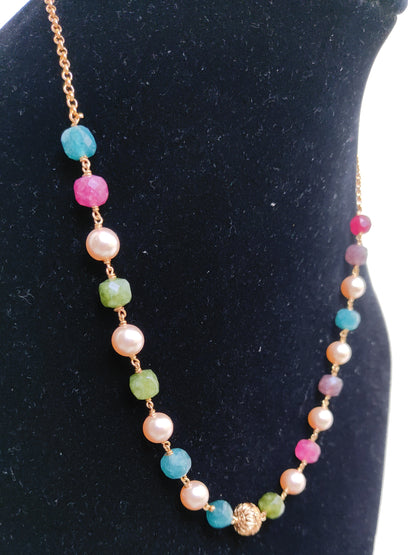 Handcrafted Multi Stone Beads & Pearl Chain Necklace for Women