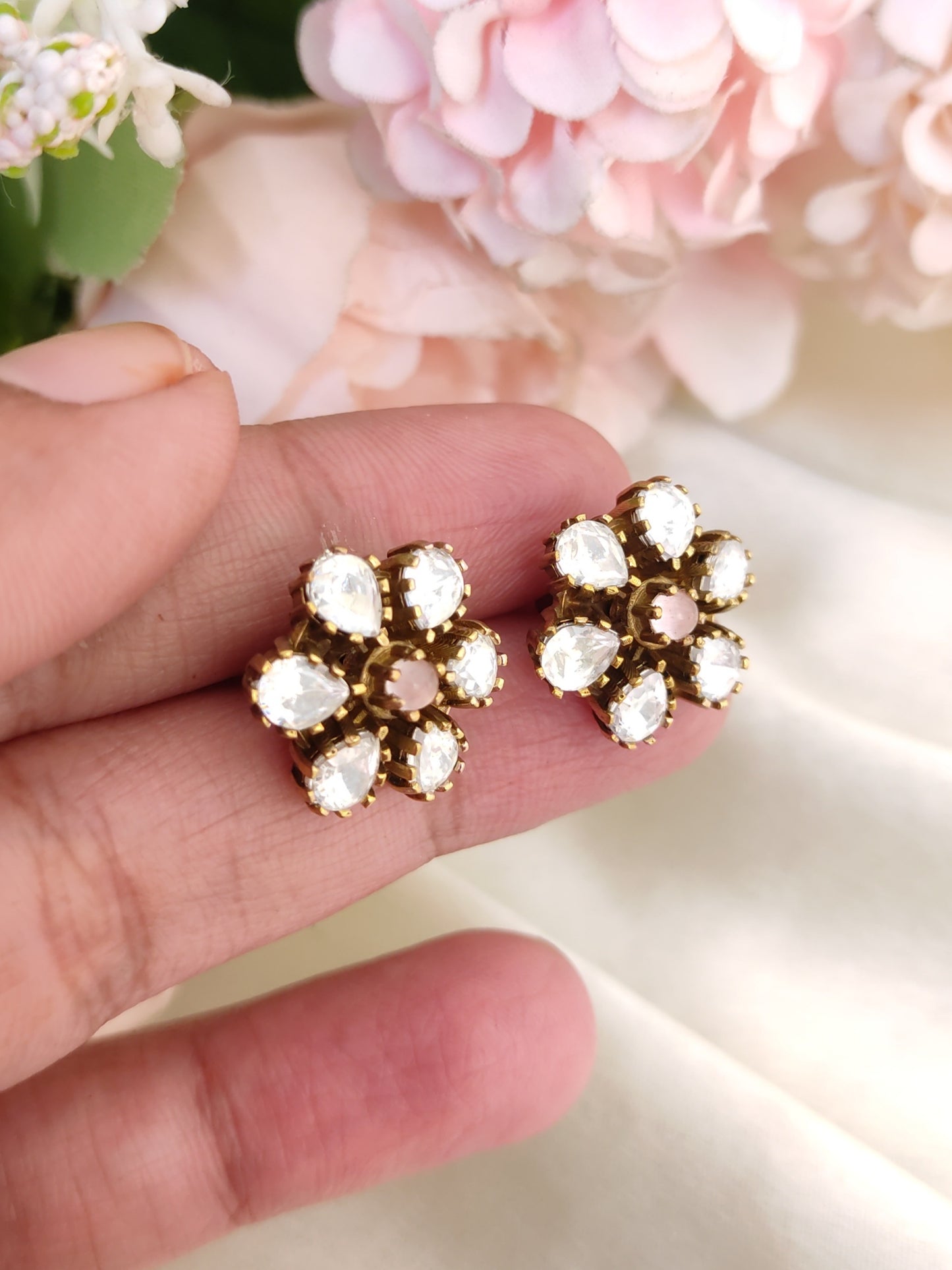 Classic White Stone Floral Stud Earrings