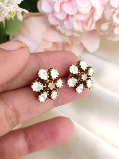 Classic White Stone Floral Stud Earrings
